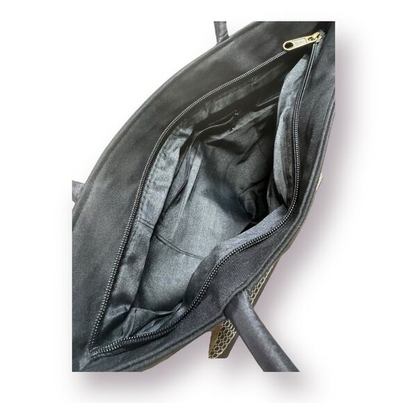 Elegant Embroidered Black Tote Bag with Unique Buildings and Trees Fairycore - Picture 3 of 4